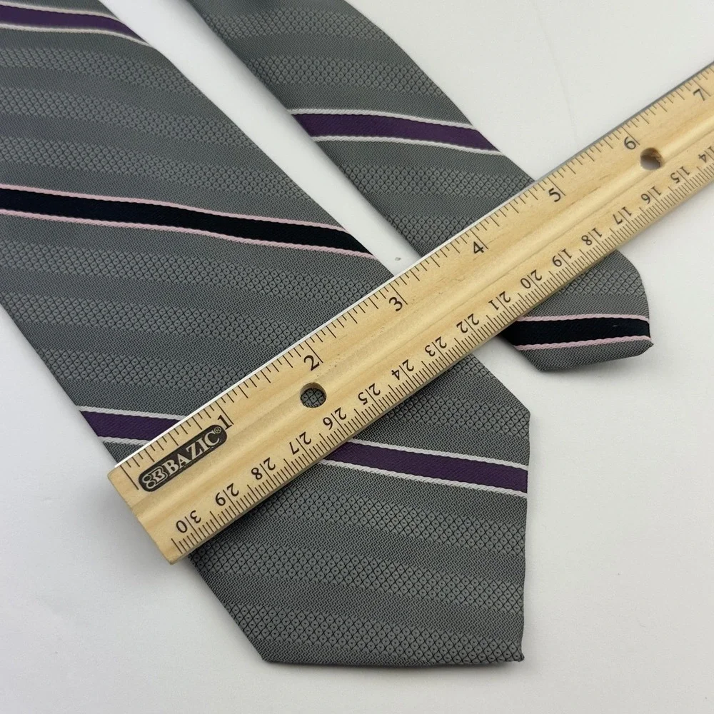 Vtg Pierre Jacques Mens Striped Silk Blend Tie Grey Purple Black Pink Made‎ USA